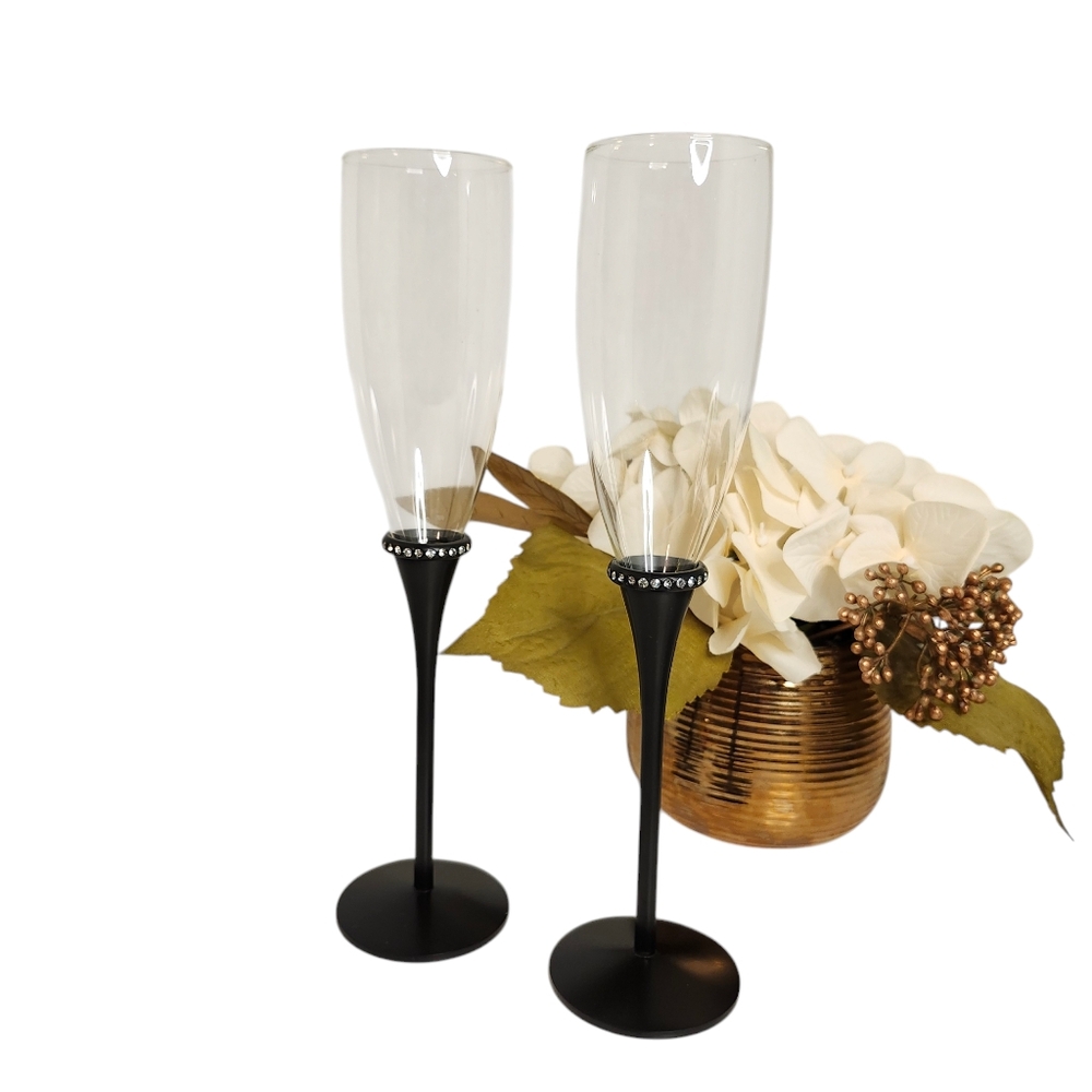 Vintage 2010 STUDIO HIS & HERS Toasting Champagne Glasses Black Stems New In Box